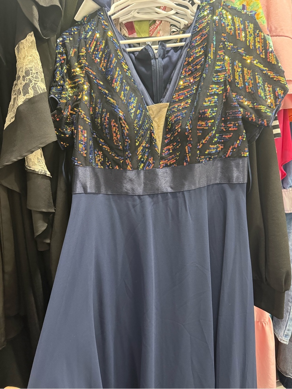 Elegant Navy Sequin Bodice A-Line Dress